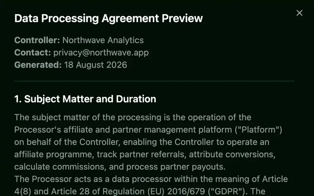 A generated Article 28 Data Processing Agreement, previewed in Selgeo