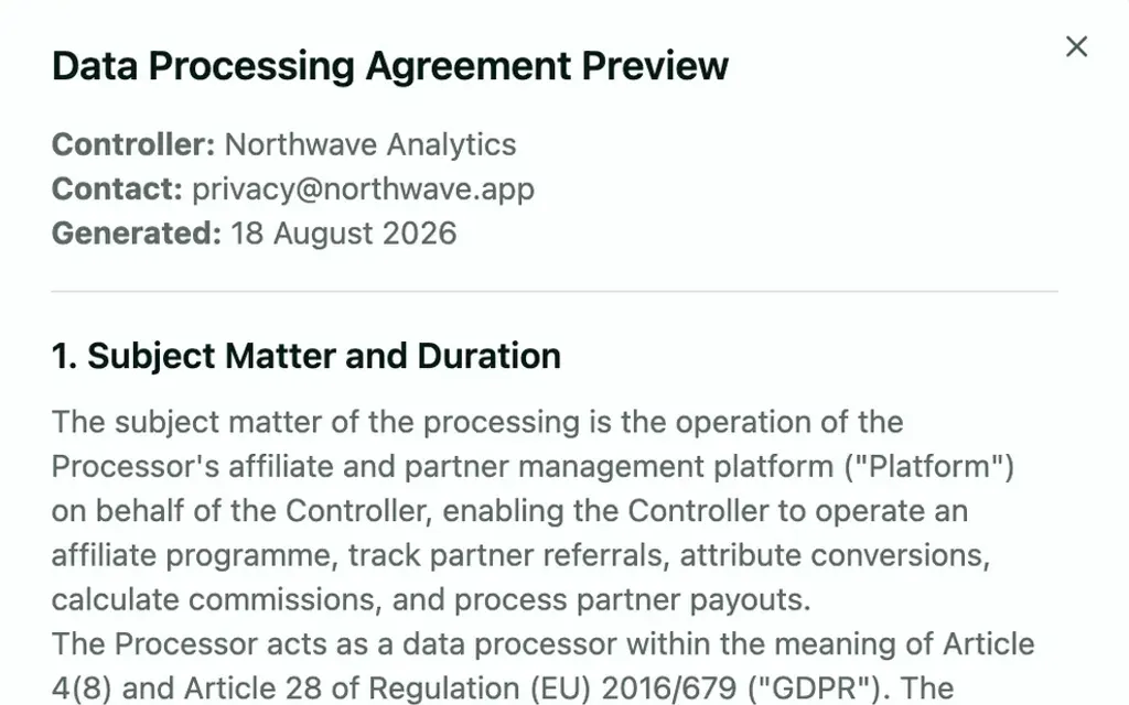 A generated Article 28 Data Processing Agreement, previewed in Selgeo