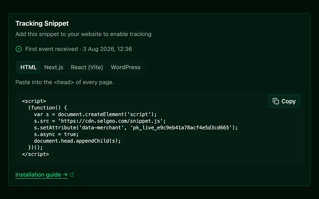 The Selgeo tracking snippet, with a framework picker and the script tag to paste