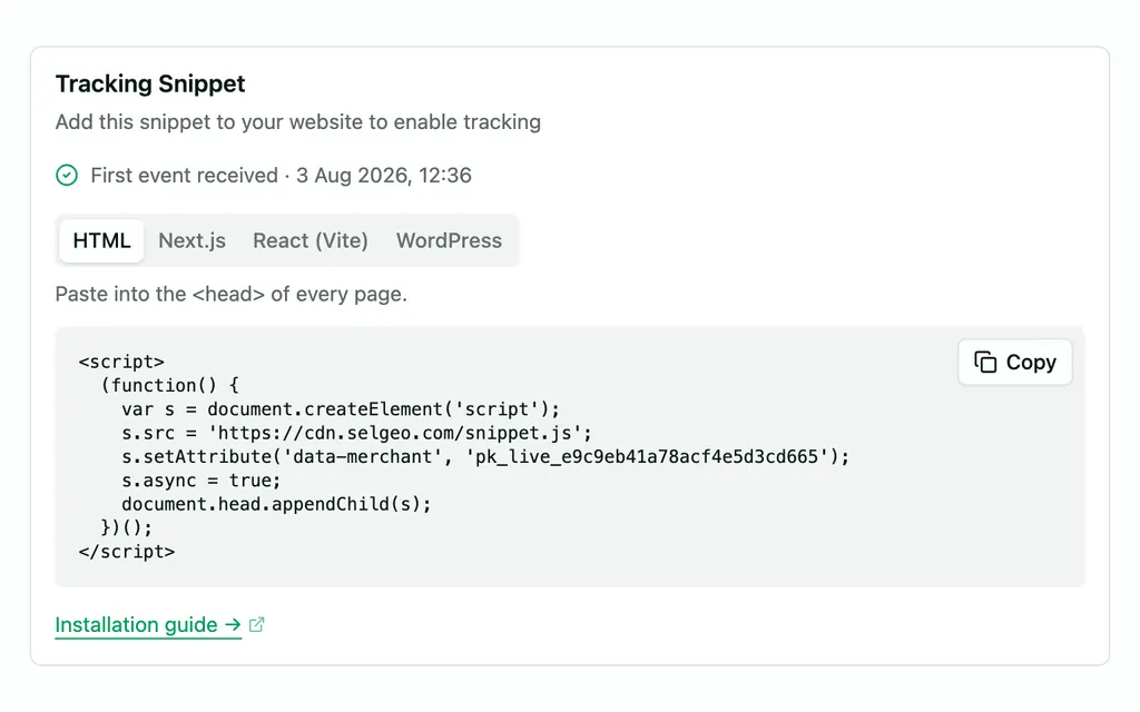 The Selgeo tracking snippet, with a framework picker and the script tag to paste
